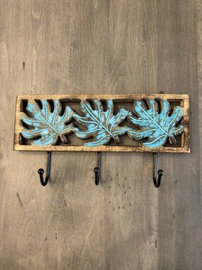 Acacia wood and metal coat/key/towel rack 12" x 6" NEW